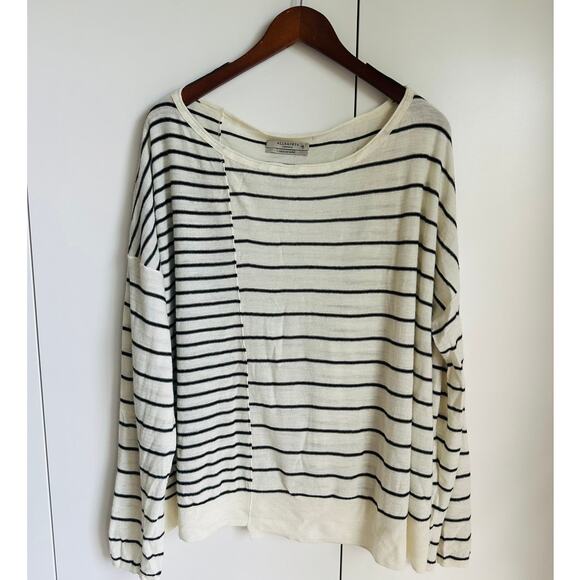 Designer AllSaints Wool Pullover Oversized Black & White Striped Sweater SZ M - Picture 2 of 7